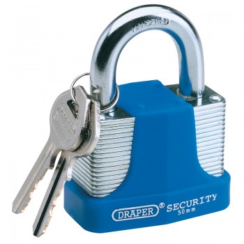 Laminated Steel Padlock and 2 Keys with Hardened Steel Shackle and Bumper, 65mm