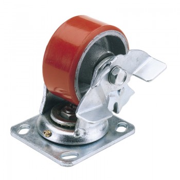 Swivel Plate Fixing Heavy Duty Polyurethane Wheel with Brake, 100mm Diameter, S.W.L. 250kg Swivel Plate Fixing Heavy Duty Polyurethane Wheel with Brake, 100mm Diameter, S.W.L. 250kg